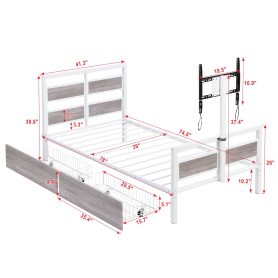 Twin Size Metal Platform Bed With MDF Headboard And Footboard
