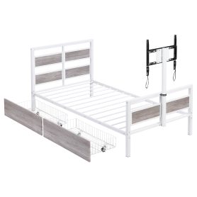 Twin Size Metal Platform Bed With MDF Headboard And Footboard