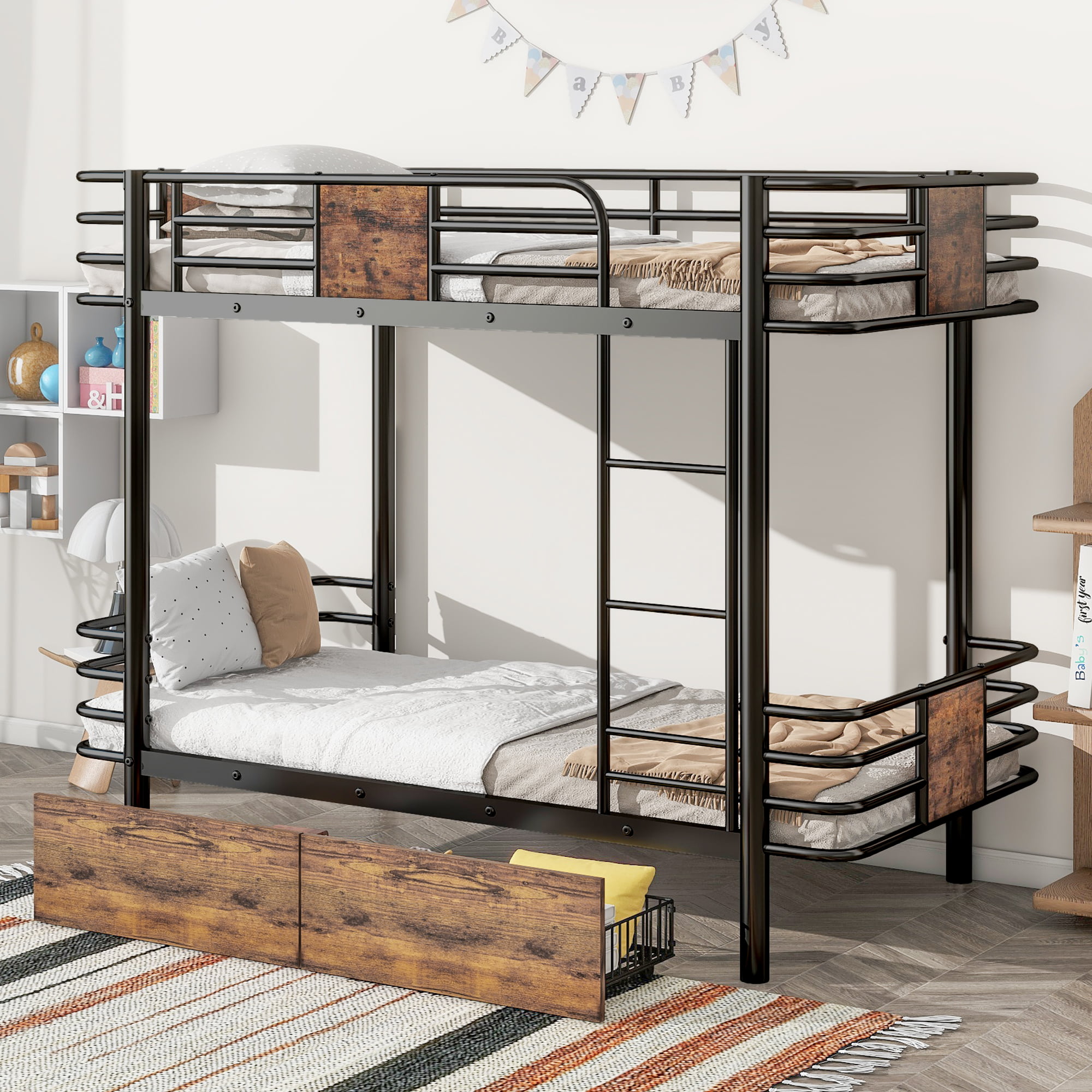 Twin Xl Over Twin Xl Metal Bunk Bed With MDF Board Guardrail And Two Storage Drawers