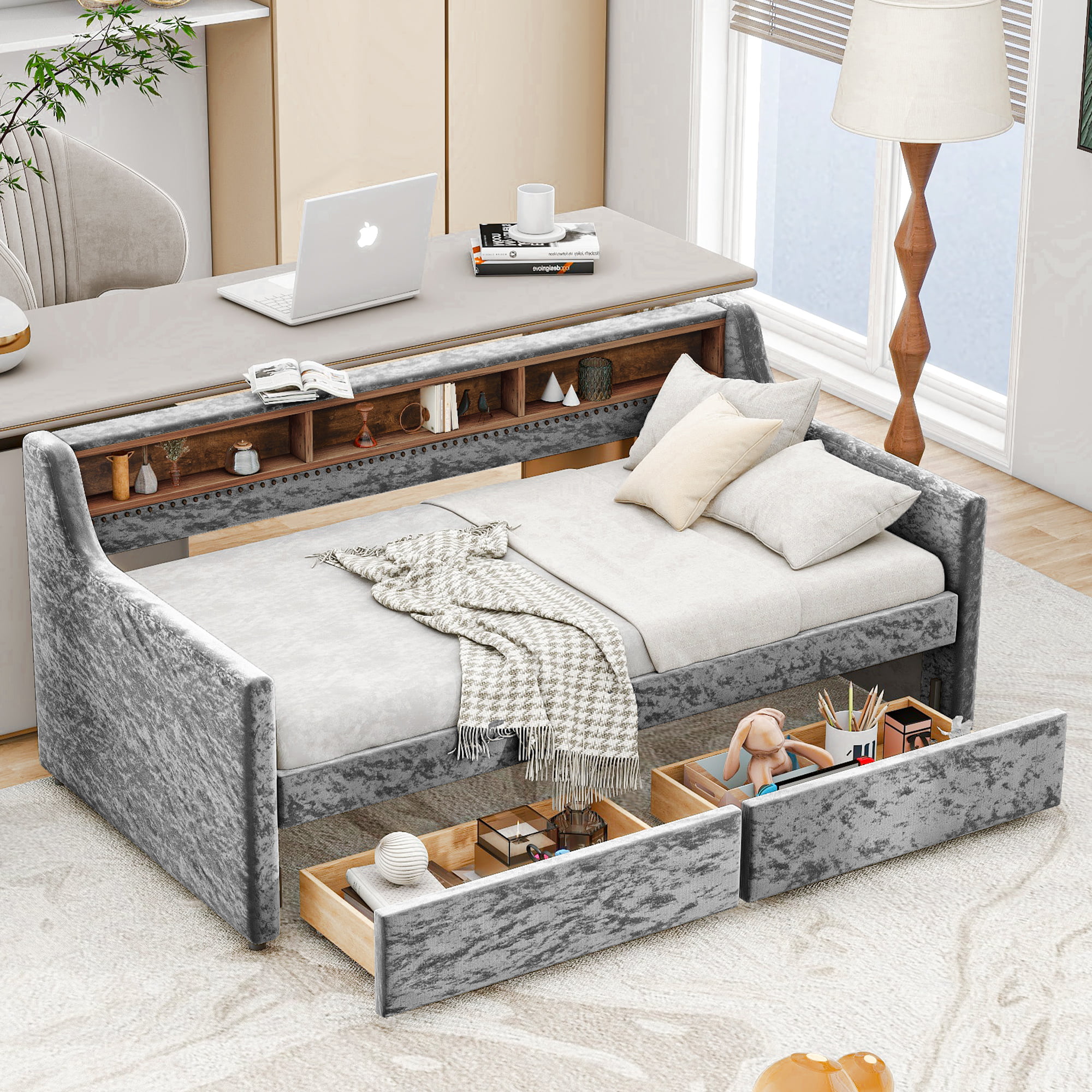 Twin Size Snowflake Velvet Daybed with Two Storage Drawers and Built-in Storage Shelves
