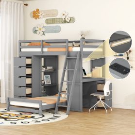 Twin Over Twin Bunk Bed With LED Light And USB Poarts