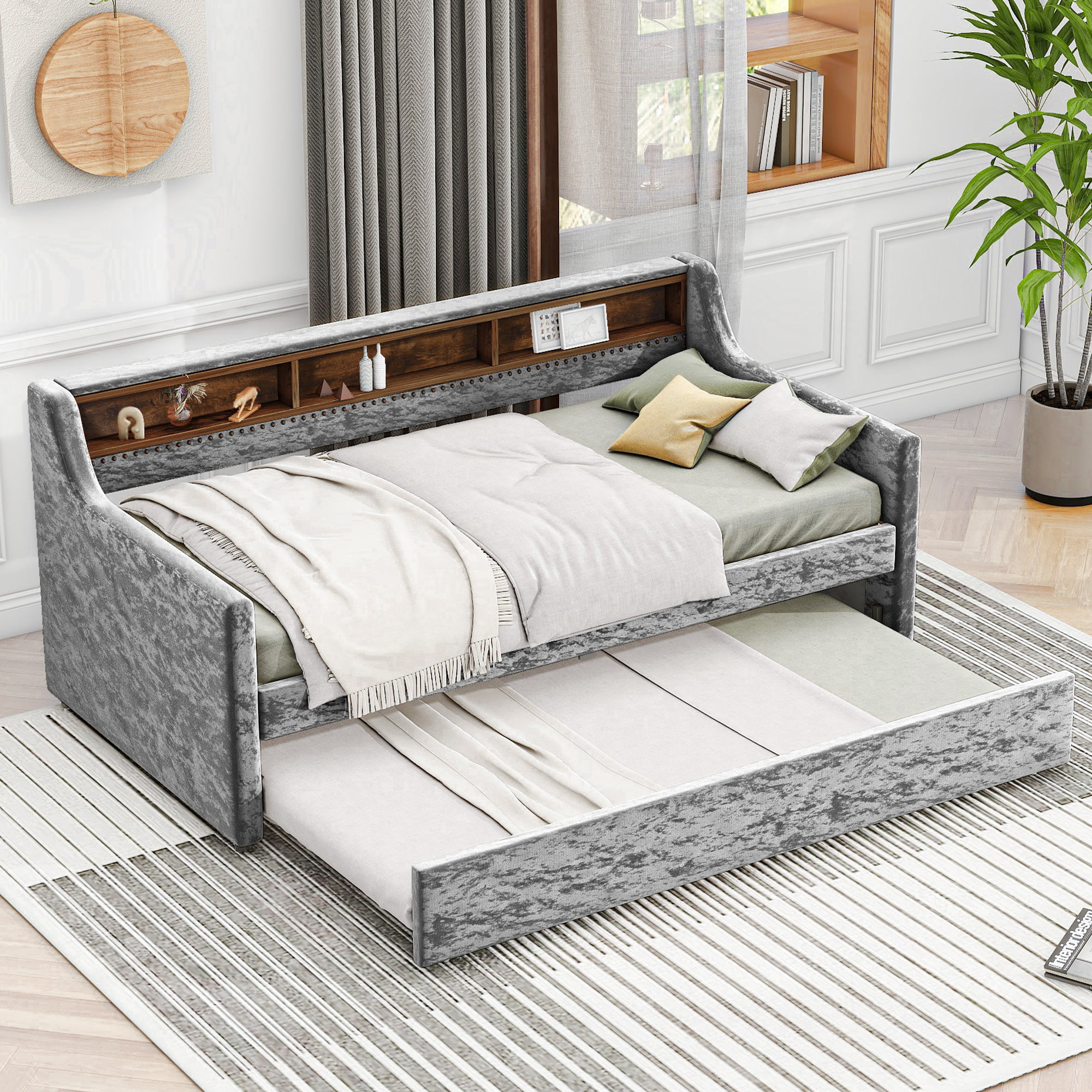 Twin Size Snowflake Velvet Daybed With Trundle And Built-in Storage Shelves