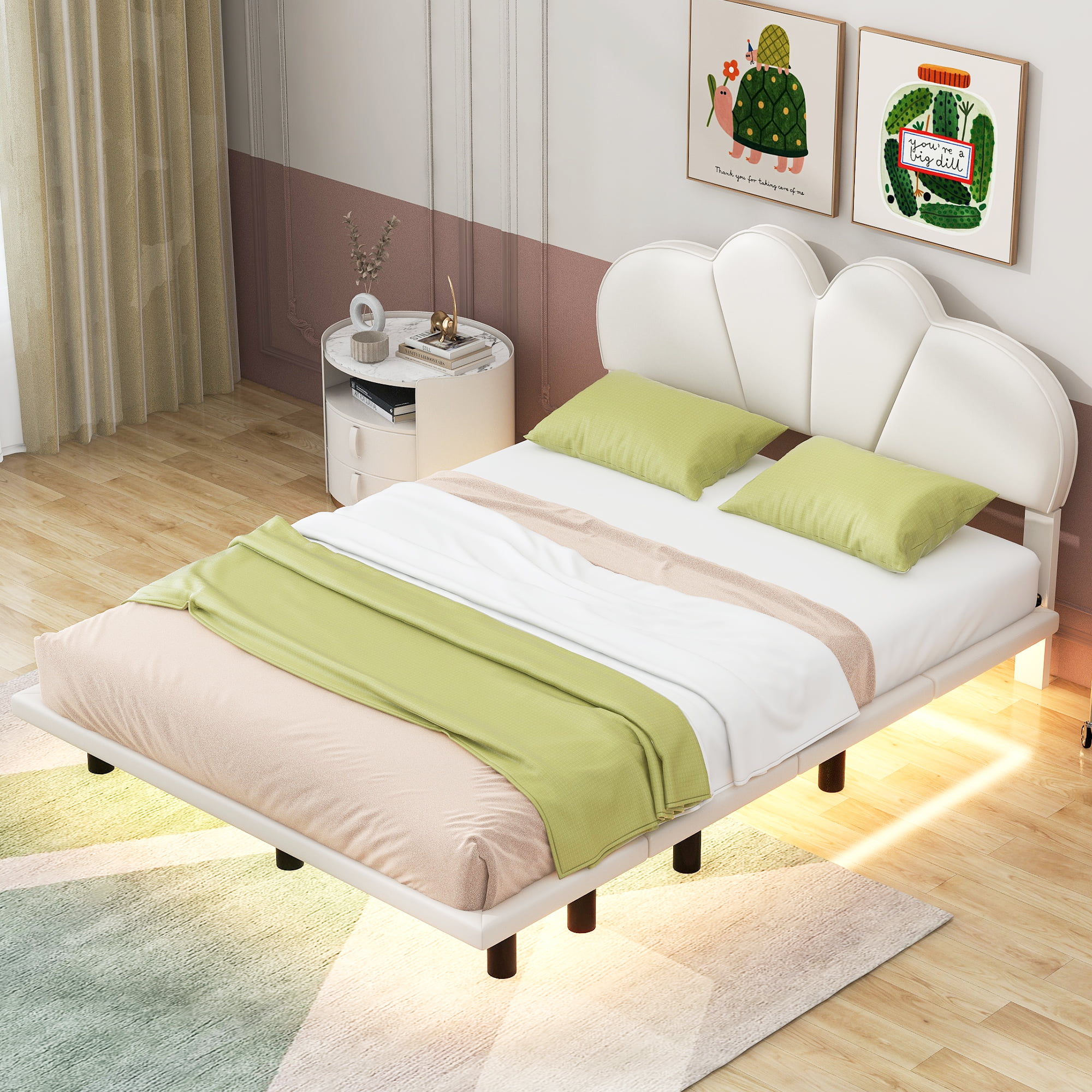 Queen Size Upholstery Platform Bed with PU Leather Headboard and Support Legs,Underbed LED Light