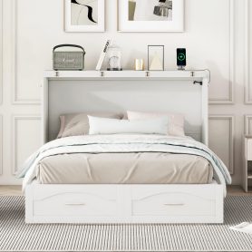 Full Size Wall Bed with drawer and a set of Sockets & USB Ports, Pulley Structure Design