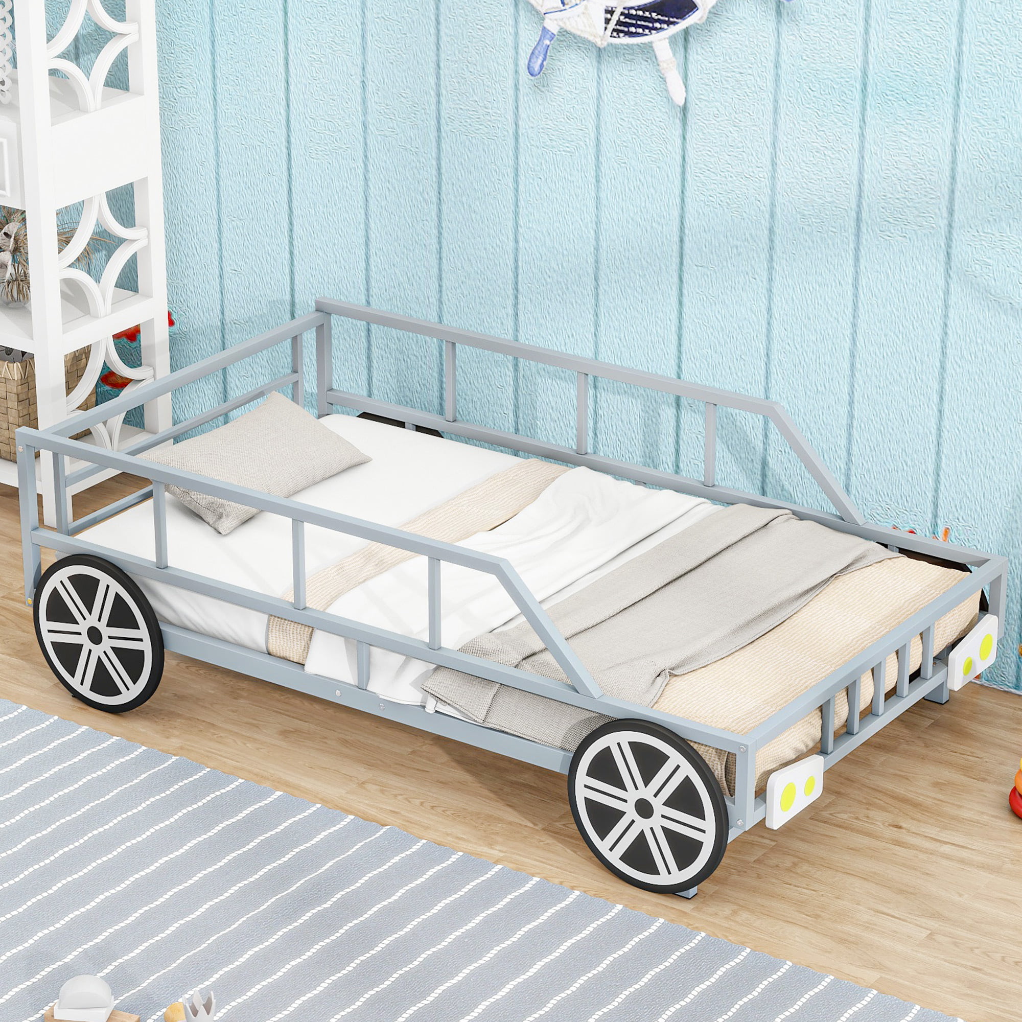 Metal Twin Size Car-shaped Platform Bed with Wheels and Headlights Decoration