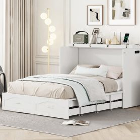 Full Size Wall Bed with drawer and a set of Sockets & USB Ports, Pulley Structure Design