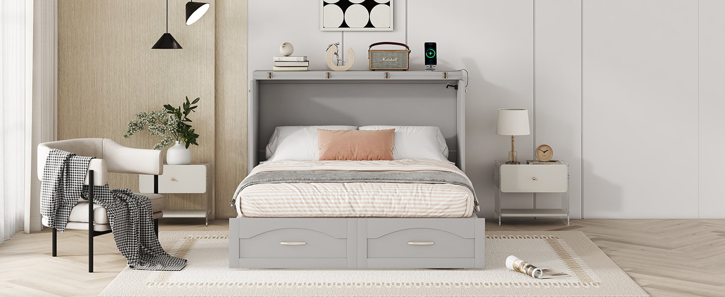 Full Size Wall Bed with drawer and a set of Sockets & USB Ports, Pulley Structure Design 10 Full Size Wall Bed with drawer and a set of Sockets & USB Ports, Pulley Structure Design
