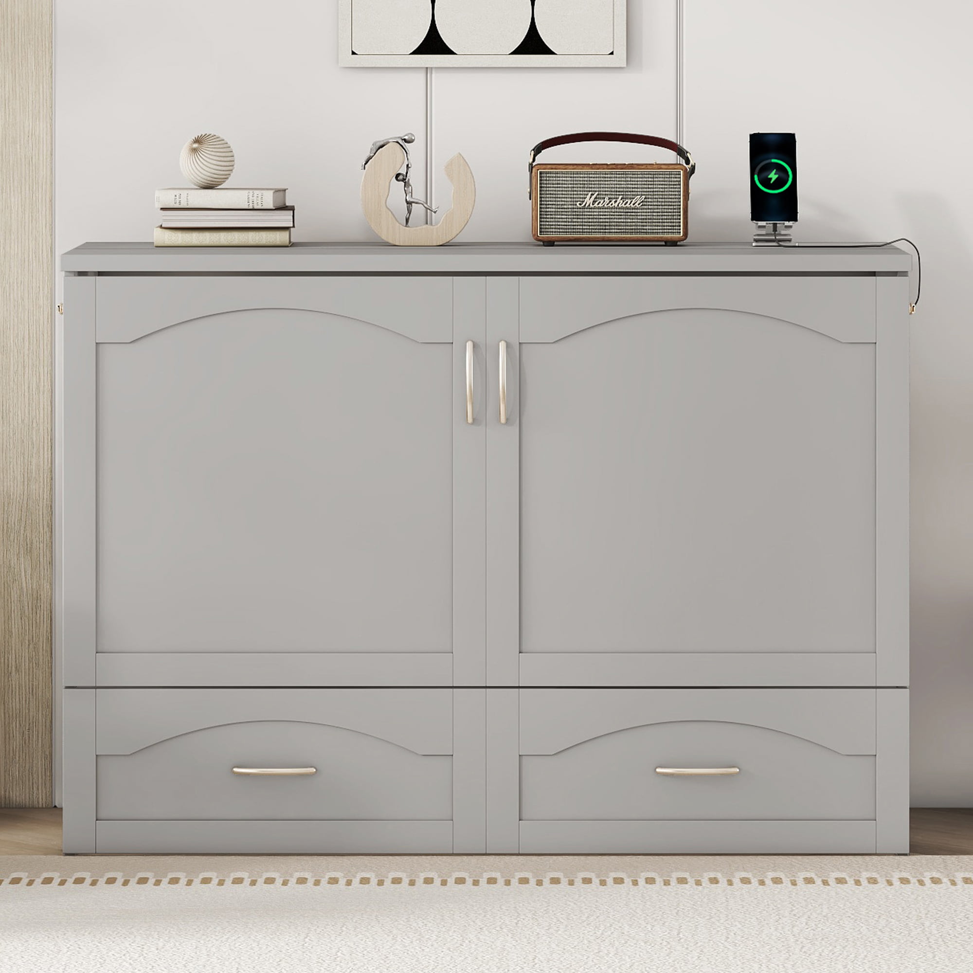 Full Size Wall Bed with drawer and a set of Sockets & USB Ports, Pulley Structure Design 5 Full Size Wall Bed with drawer and a set of Sockets & USB Ports, Pulley Structure Design