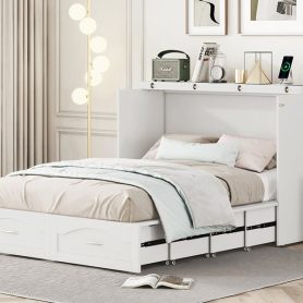 Full Size Wall Bed with drawer and a set of Sockets & USB Ports, Pulley Structure Design