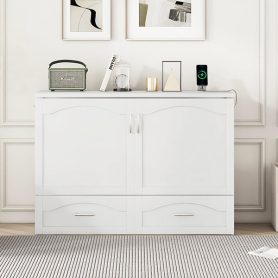 Full Size Wall Bed with drawer and a set of Sockets & USB Ports, Pulley Structure Design