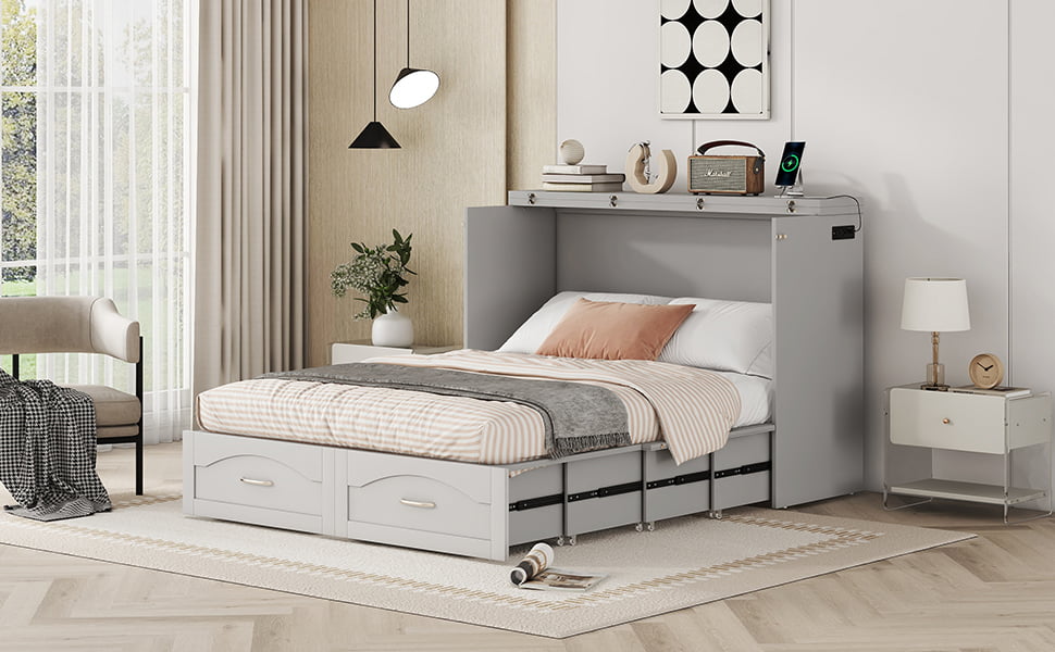 Full Size Wall Bed with drawer and a set of Sockets & USB Ports, Pulley Structure Design 6 Full Size Wall Bed with drawer and a set of Sockets & USB Ports, Pulley Structure Design
