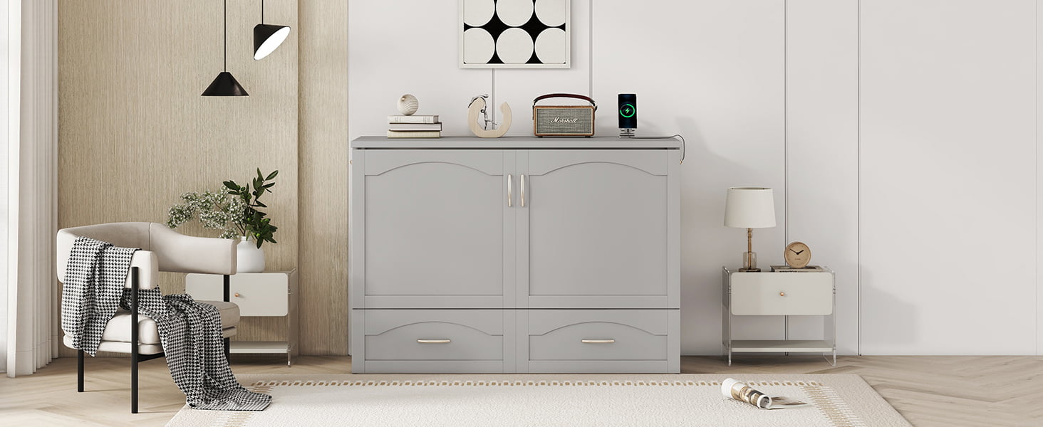 Full Size Wall Bed with drawer and a set of Sockets & USB Ports, Pulley Structure Design 11 Full Size Wall Bed with drawer and a set of Sockets & USB Ports, Pulley Structure Design