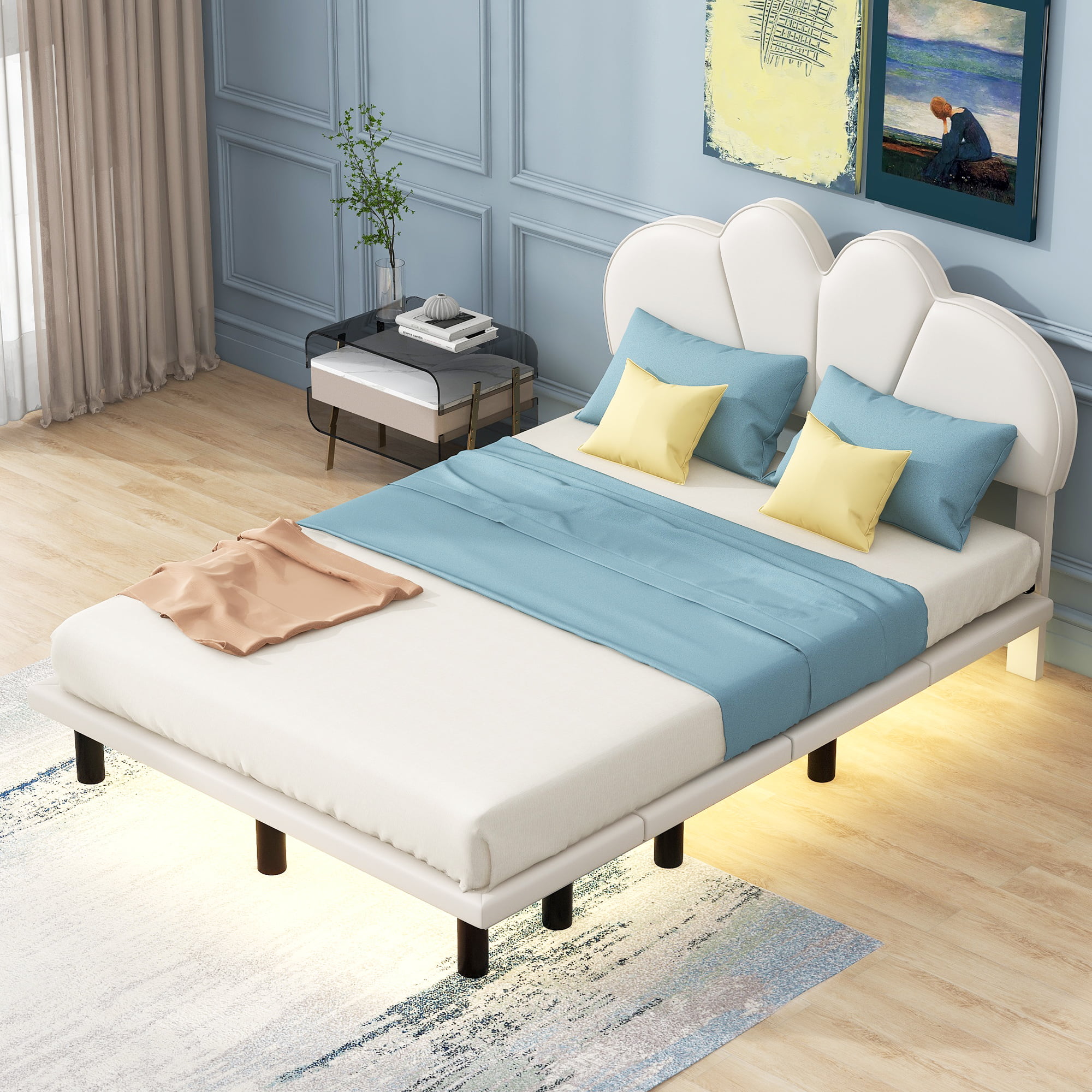 Full Size Upholstery Platform Bed with PU Leather Headboard and Support Legs,Underbed LED Light