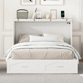 Full Size Wall Bed with drawer and a set of Sockets & USB Ports, Pulley Structure Design