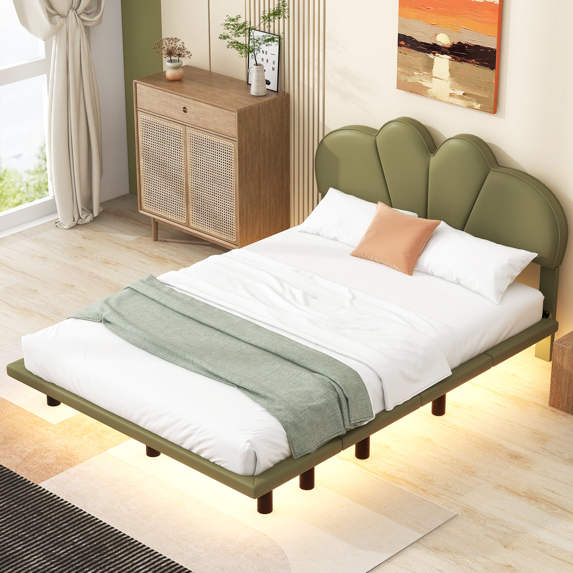 Queen Size Upholstery Platform Bed with PU Leather Headboard and Support Legs,Underbed LED Light