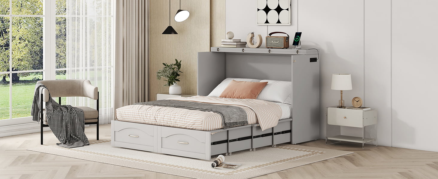 Full Size Wall Bed with drawer and a set of Sockets & USB Ports, Pulley Structure Design 9 Full Size Wall Bed with drawer and a set of Sockets & USB Ports, Pulley Structure Design