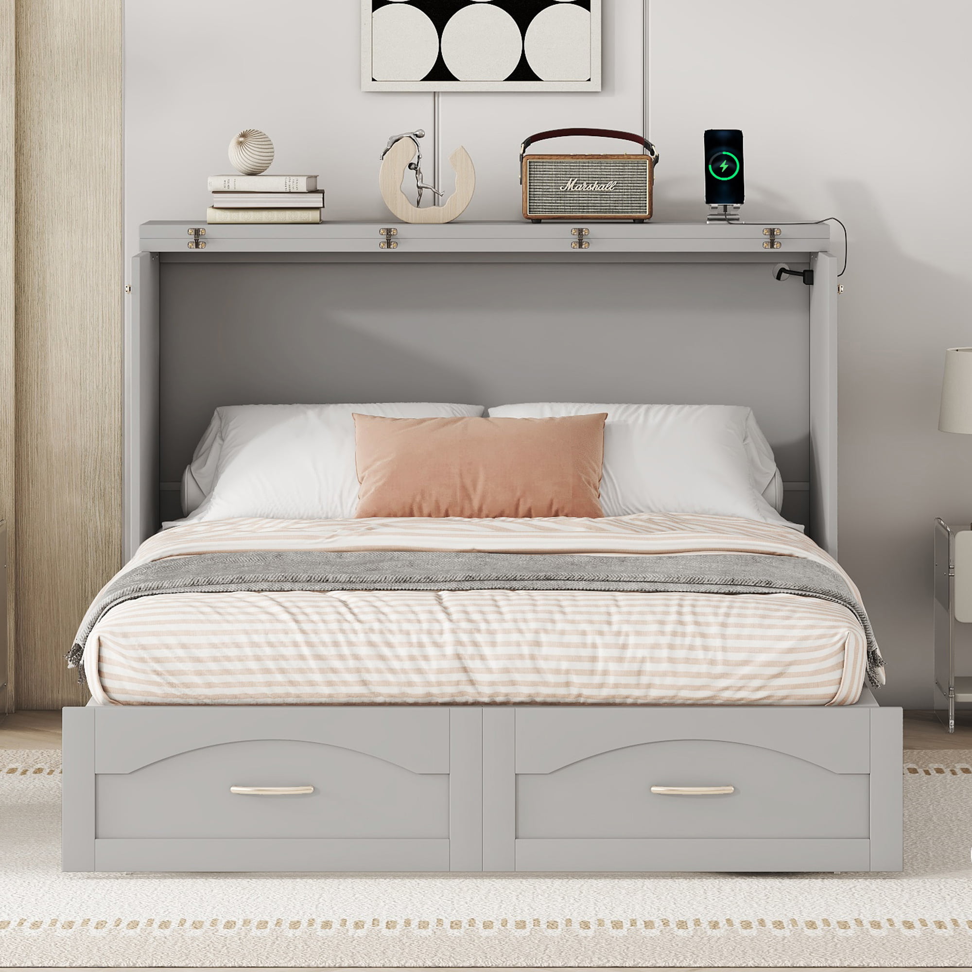 Full Size Wall Bed with drawer and a set of Sockets & USB Ports, Pulley Structure Design 4 Full Size Wall Bed with drawer and a set of Sockets & USB Ports, Pulley Structure Design