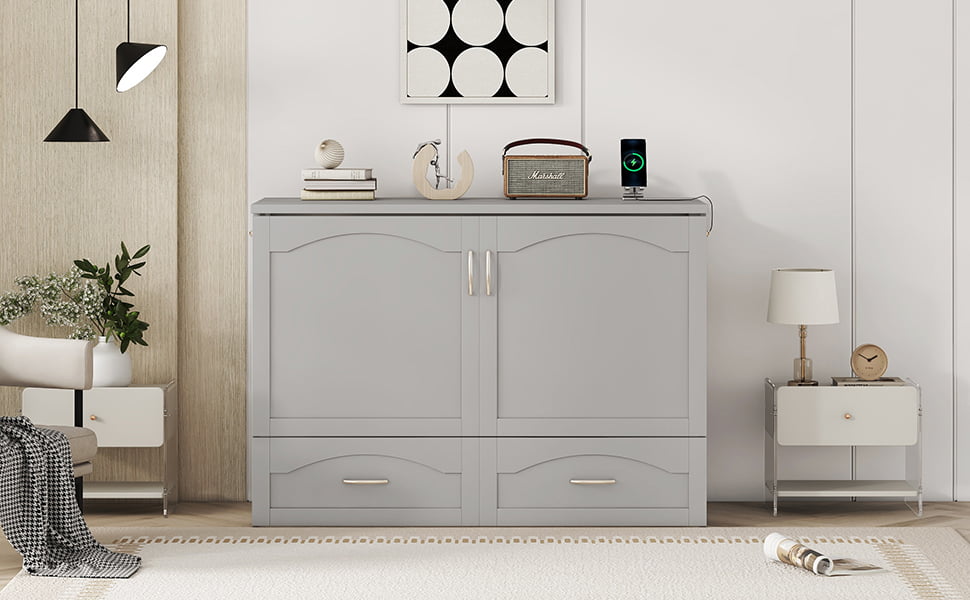 Full Size Wall Bed with drawer and a set of Sockets & USB Ports, Pulley Structure Design 8 Full Size Wall Bed with drawer and a set of Sockets & USB Ports, Pulley Structure Design