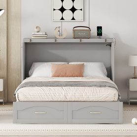 Full Size Wall Bed with drawer and a set of Sockets & USB Ports, Pulley Structure Design 32 Full Size Wall Bed with drawer and a set of Sockets & USB Ports, Pulley Structure Design