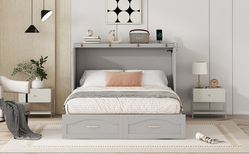 Full Size Wall Bed with drawer and a set of Sockets & USB Ports, Pulley Structure Design 7 Full Size Wall Bed with drawer and a set of Sockets & USB Ports, Pulley Structure Design