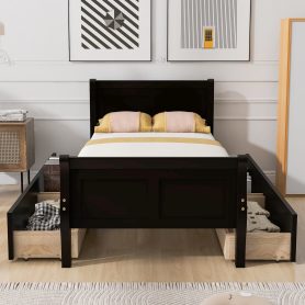 Twin Size Wood Platform Bed with 4 Drawers and Streamlined Headboard & Footboard