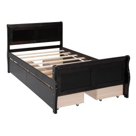 Twin Size Wood Platform Bed with 4 Drawers and Streamlined Headboard & Footboard