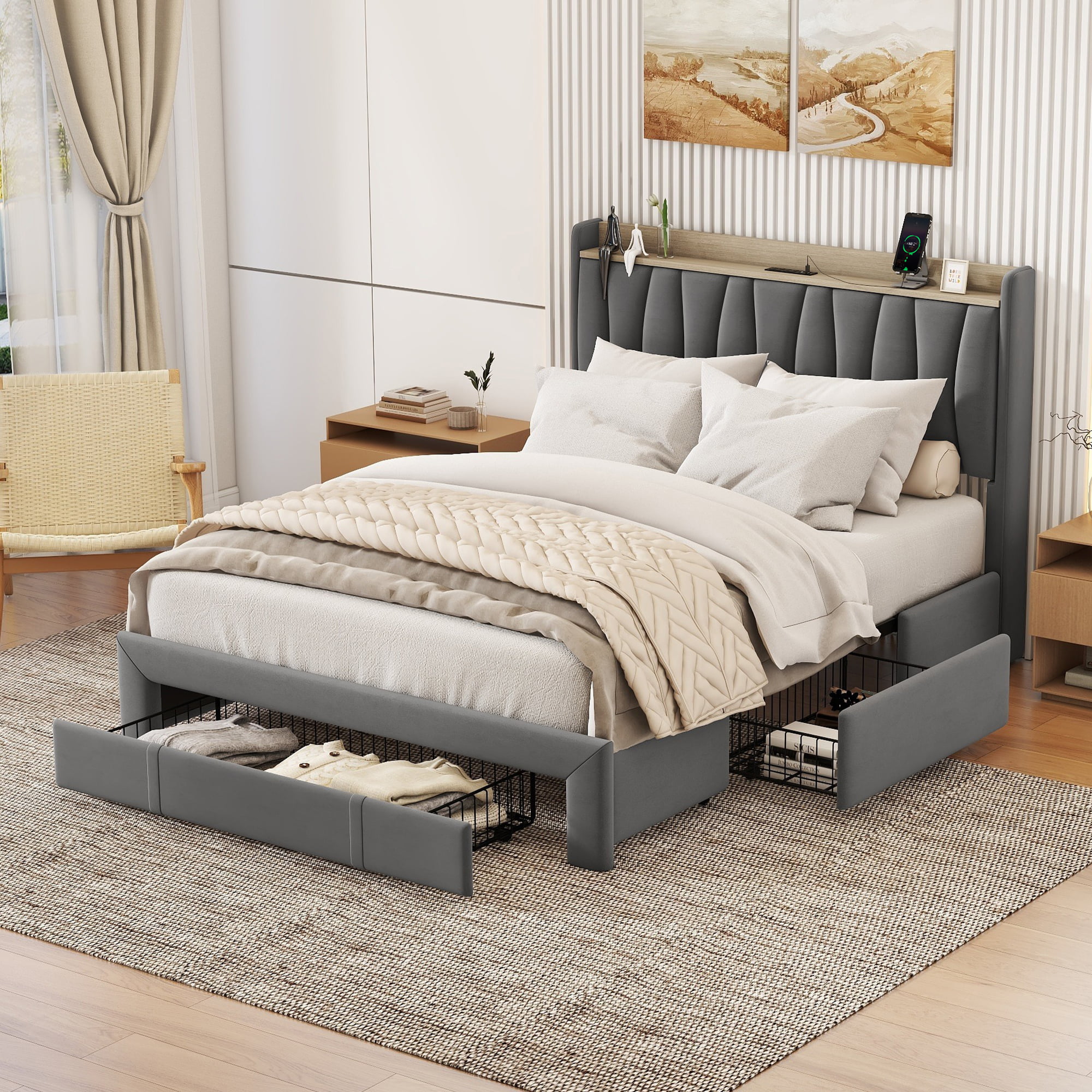 Queen Size Bed Frame With Storage Headboard And Charging Station