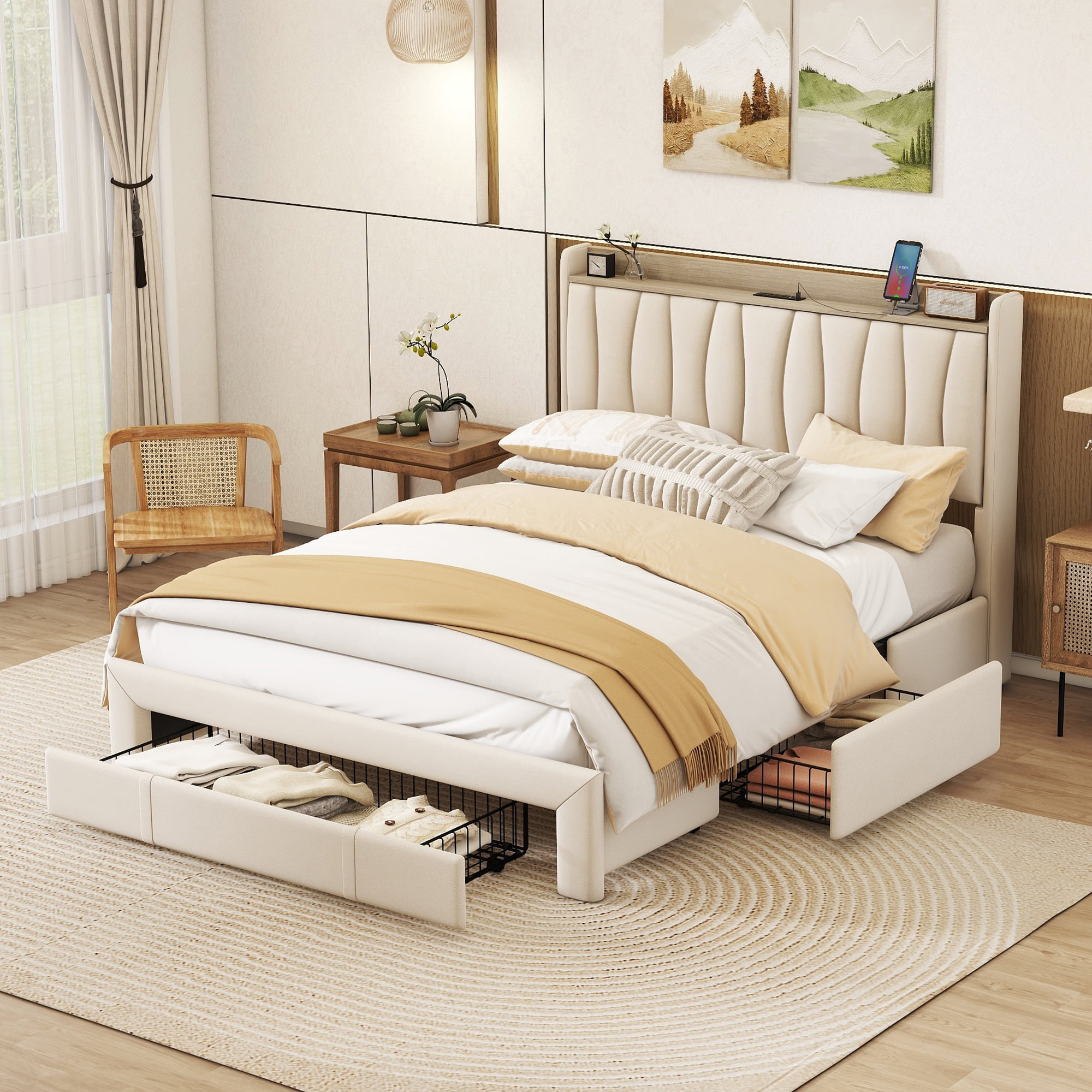 Queen Size Bed Frame With Storage Headboard And Charging Station