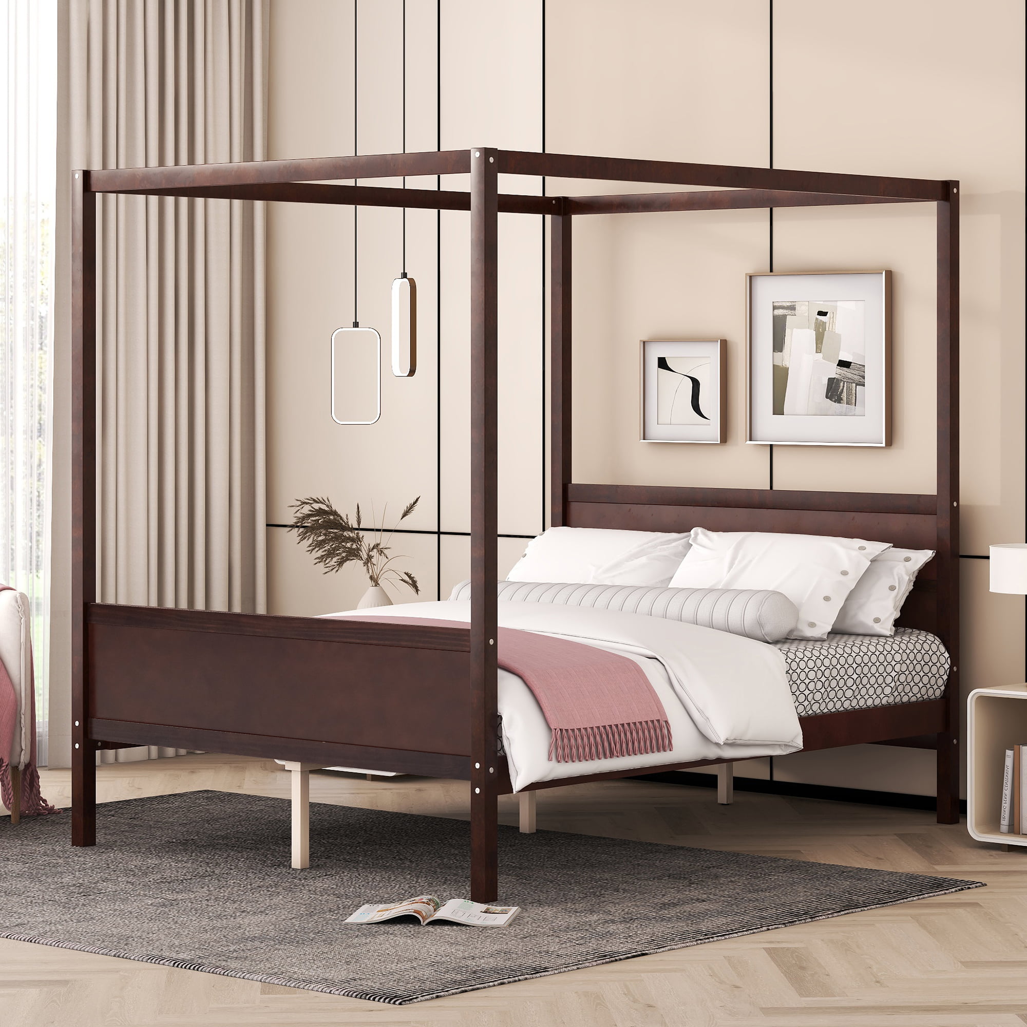 Queen Size Canopy Platform Bed with Headboard and Footboard,Slat Support Leg