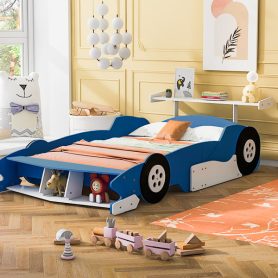 Full Size Race Car-Shaped Platform Bed With Wheels