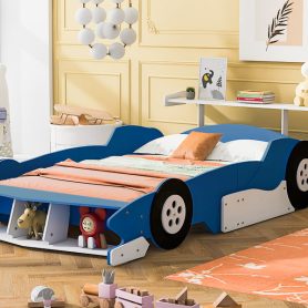 Full Size Race Car-Shaped Platform Bed With Wheels
