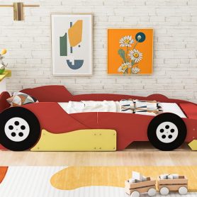 Twin Size Race Car-Shaped Platform Bed With Wheels