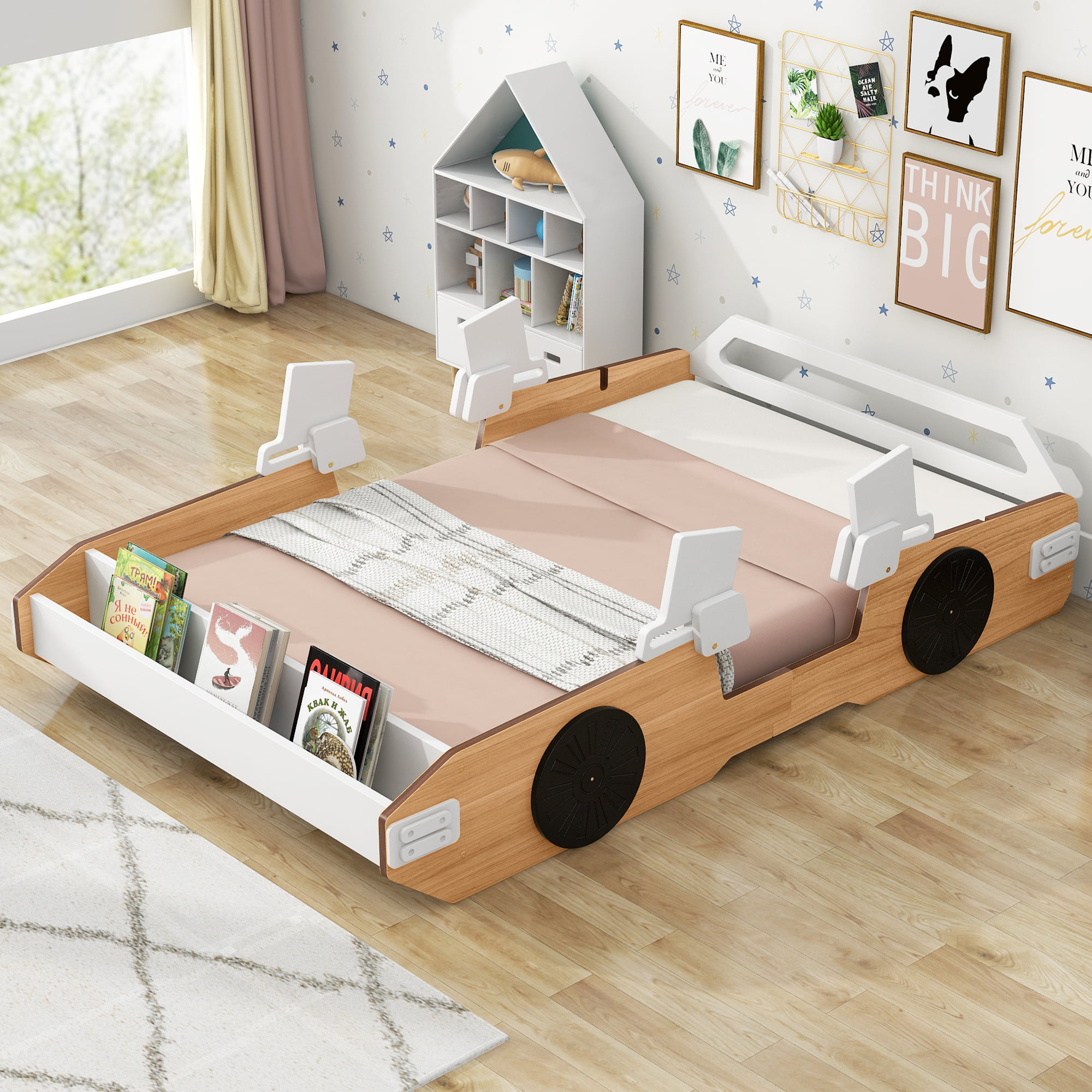 Wood Twin Size Racing Car Bed with Door Design and Storage
