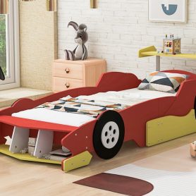 Twin Size Race Car-Shaped Platform Bed With Wheels