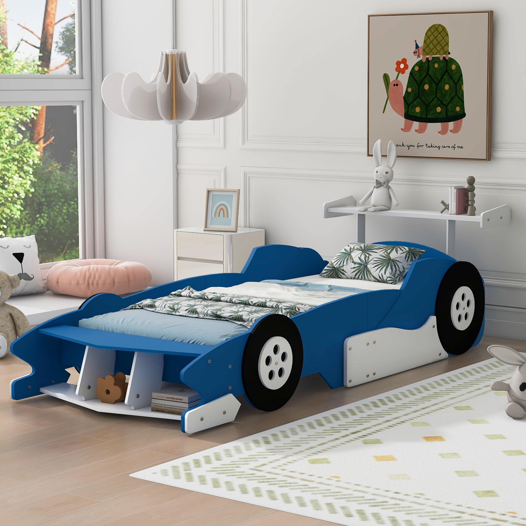 Race Car-Shaped Platform Bed with Wheels, Twin Size 3 Race Car-Shaped Platform Bed with Wheels, Twin Size