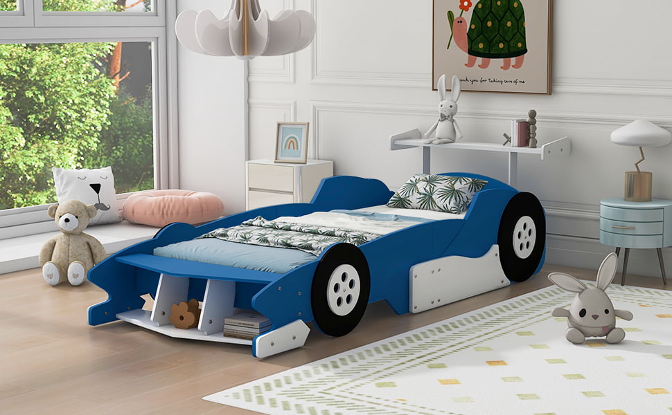 Race Car-Shaped Platform Bed with Wheels, Twin Size 19 Race Car-Shaped Platform Bed with Wheels, Twin Size