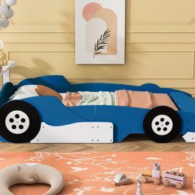 Full Size Race Car-Shaped Platform Bed With Wheels