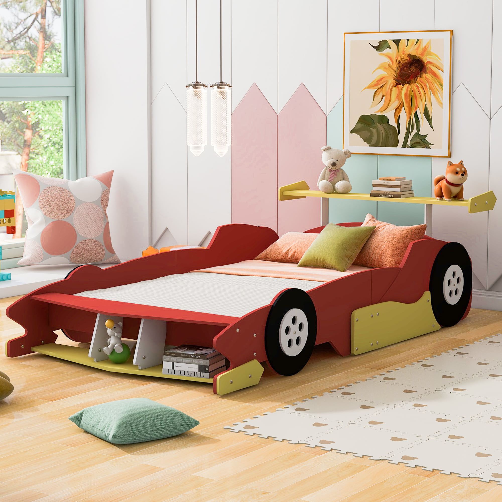 Full Size Race Car-Shaped Platform Bed With Wheels