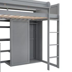Wood Twin Size Loft Bed With Multiple Storage Shelves And Wardrobe