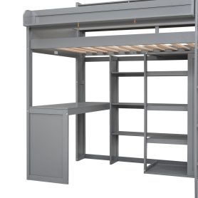 Wood Twin Size Loft Bed With Multiple Storage Shelves And Wardrobe
