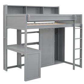 Wood Twin Size Loft Bed With Multiple Storage Shelves And Wardrobe