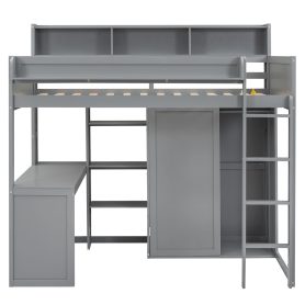 Wood Twin Size Loft Bed With Multiple Storage Shelves And Wardrobe