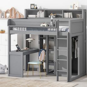 Wood Twin Size Loft Bed With Multiple Storage Shelves And Wardrobe