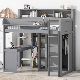 Wood Twin Size Loft Bed With Multiple Storage Shelves And Wardrobe