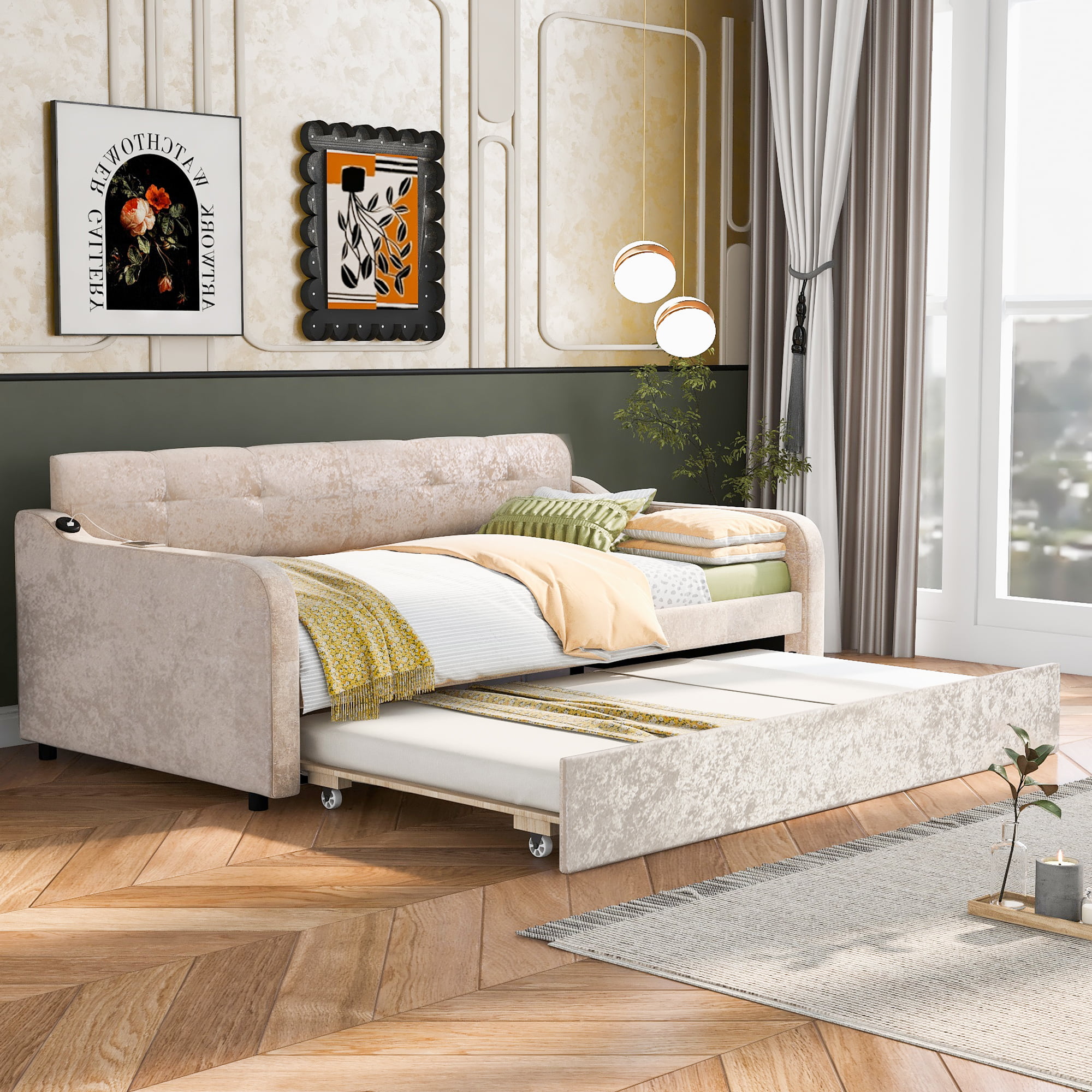 Twin Size Snowflake Velvet Daybed with Trundle and USB Charging Design