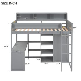 Wood Twin Size Loft Bed With Multiple Storage Shelves And Wardrobe