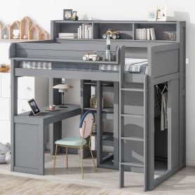 Wood Twin Size Loft Bed With Multiple Storage Shelves And Wardrobe