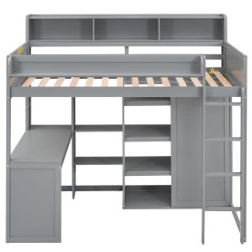 Wood Twin Size Loft Bed With Multiple Storage Shelves And Wardrobe