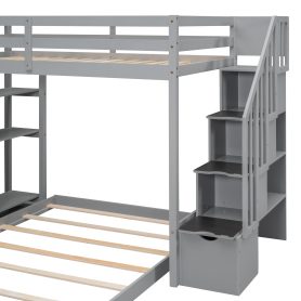 Twin Over Full Bunk Bed With 3-layer Shelves, Drawers And Storage Stairs