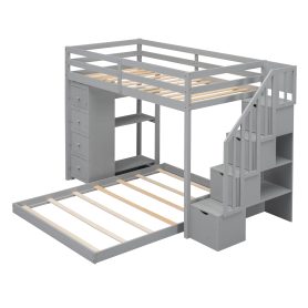 Twin Over Full Bunk Bed With 3-layer Shelves, Drawers And Storage Stairs